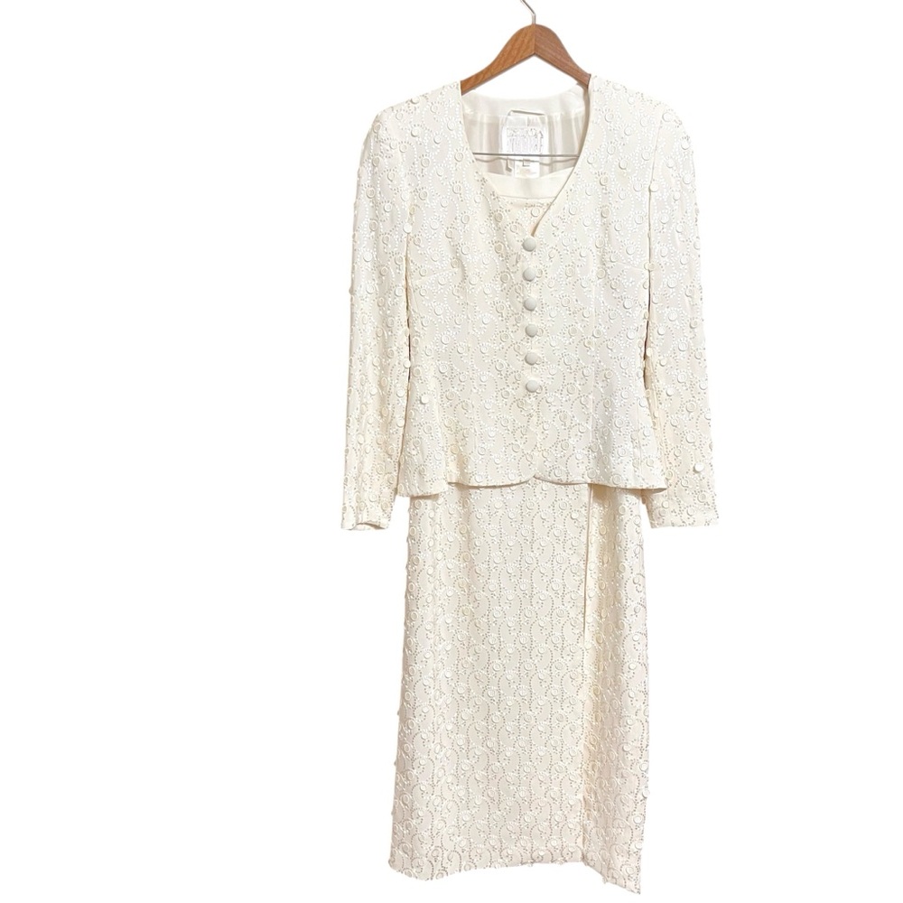 Escada Couture Vintage Elegant Silk Blend Formal Skirt Suit 6 Cream Maxi Wedding